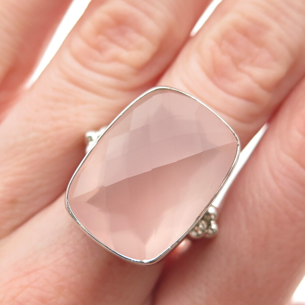 CID Clyde Duneier Sterling Silver Vintage Real Rose Quartz Modernist Ring Size 9